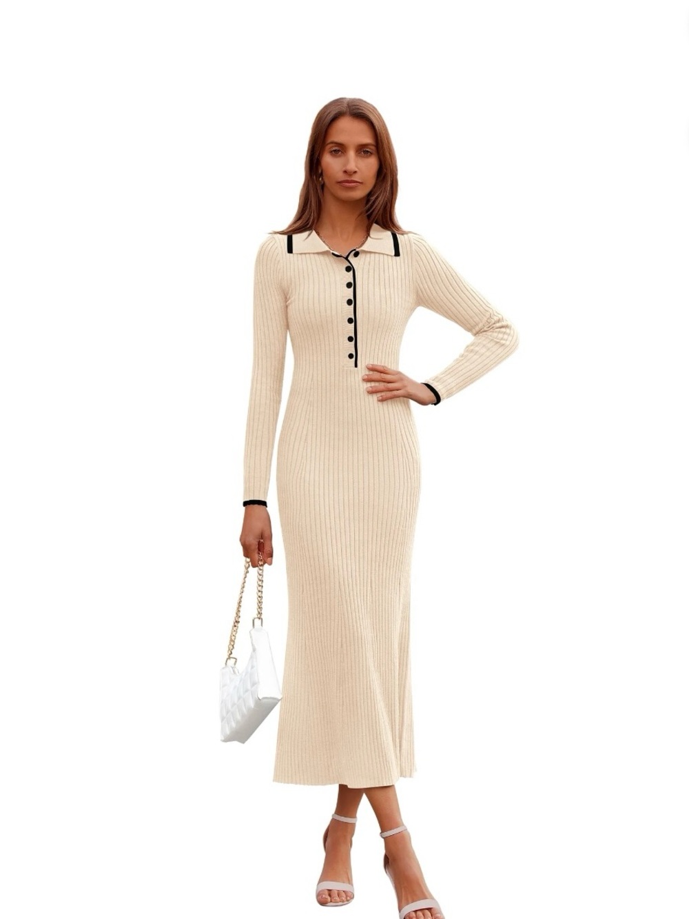 Cream Ribbed Long-Sleeve Polo Midi Dress with Contrast Trim